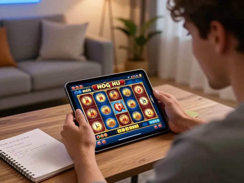 Engaging moment of a player exploring nổ hũ game strategies on a tablet, set in a cozy home gaming environment.