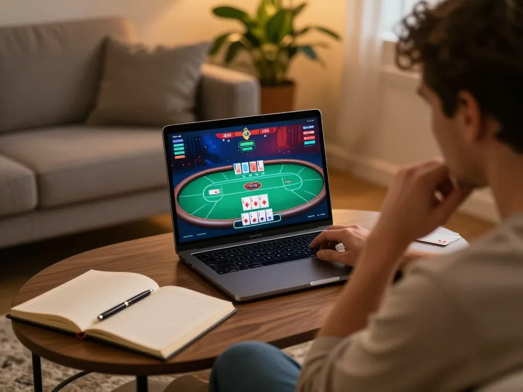 Player engaging in online poker strategies with twin68 on laptop in a cozy home setting.