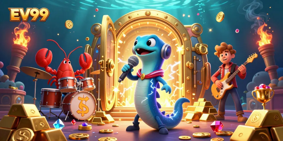 Witness the EV99 underwater casino scene with vibrant characters and dazzling treasure.