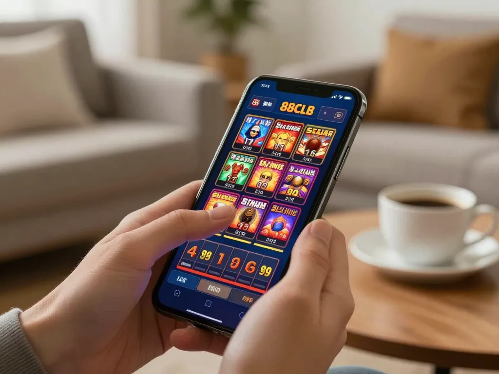 Engaging with slot games on 88clbgo app in a cozy home setting.