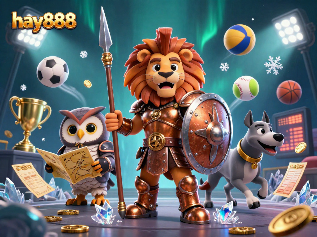 Join the excitement of hay888 with a Spartan lion, owl strategist, and greyhound messenger in a dynamic gambling scene.