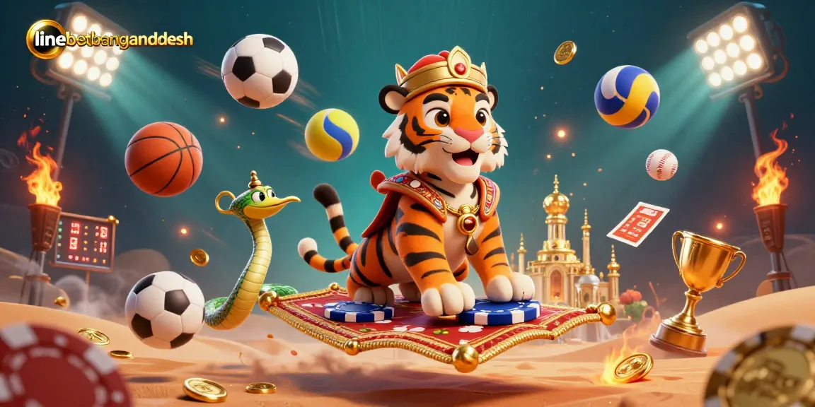 Join the excitement at linebetbangladesh with a dynamic casino and sports illustration featuring a sultan and thrilling game elements.