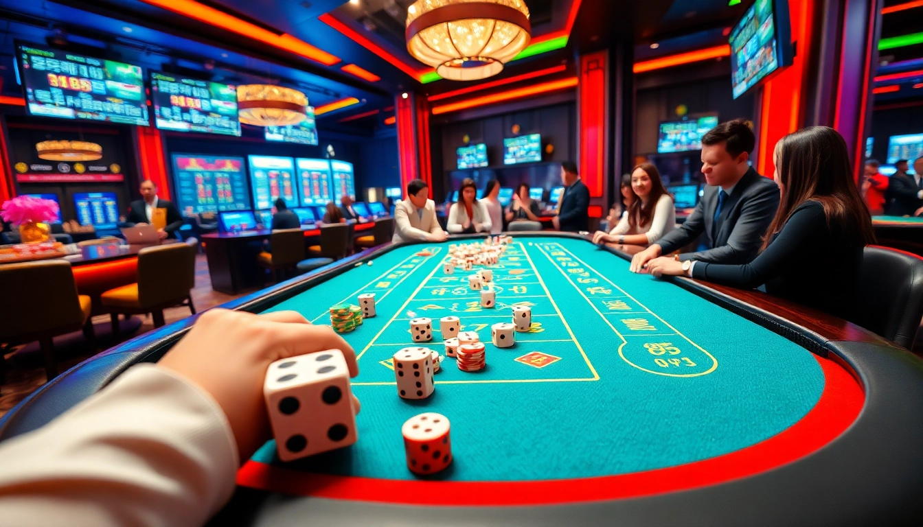 Tài xỉu MD5 game in action with players placing bets and colorful dice, reflecting an exciting casino atmosphere.