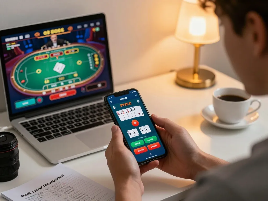 Fly88 user engaging in mobile casino gaming with vibrant poker interface, showcasing strategic bets and comfortable home setting.