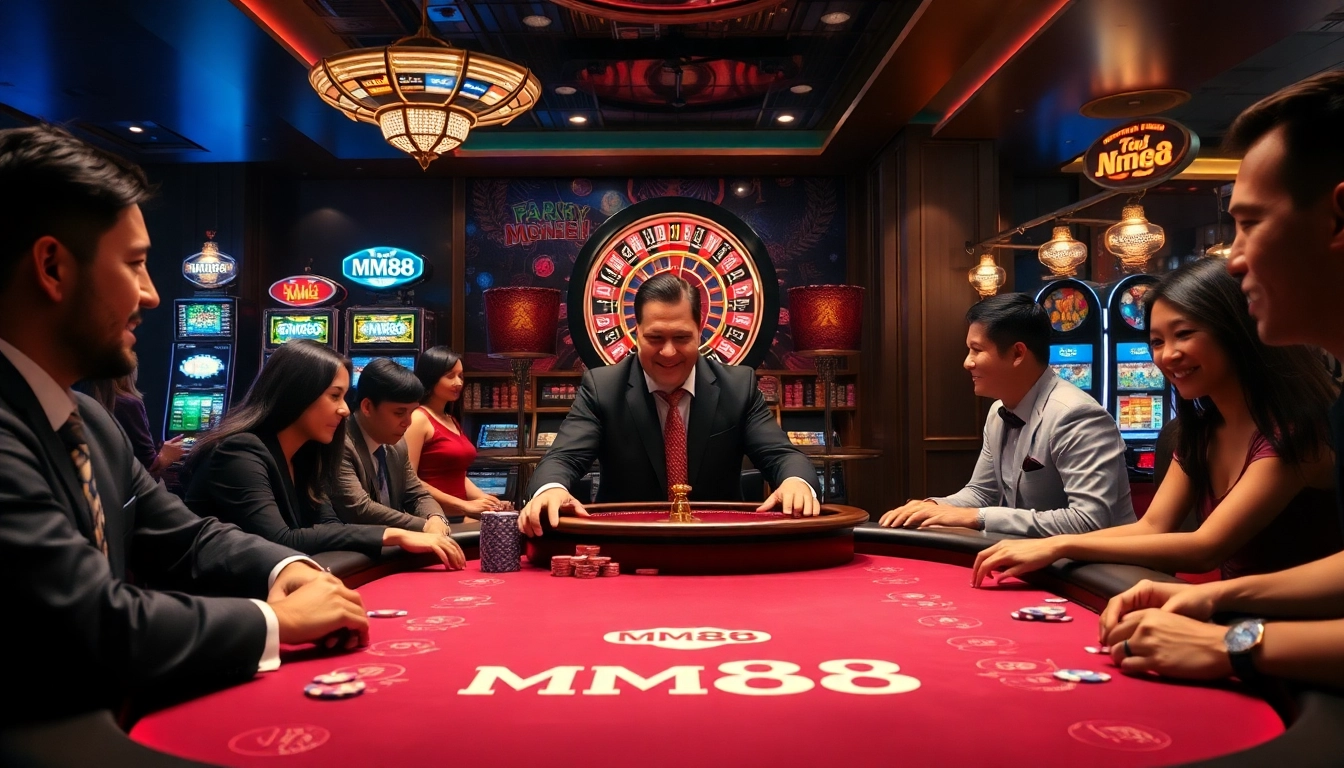 Experience high-stakes excitement at mm88's glamorous casino table with playing cards and chips.