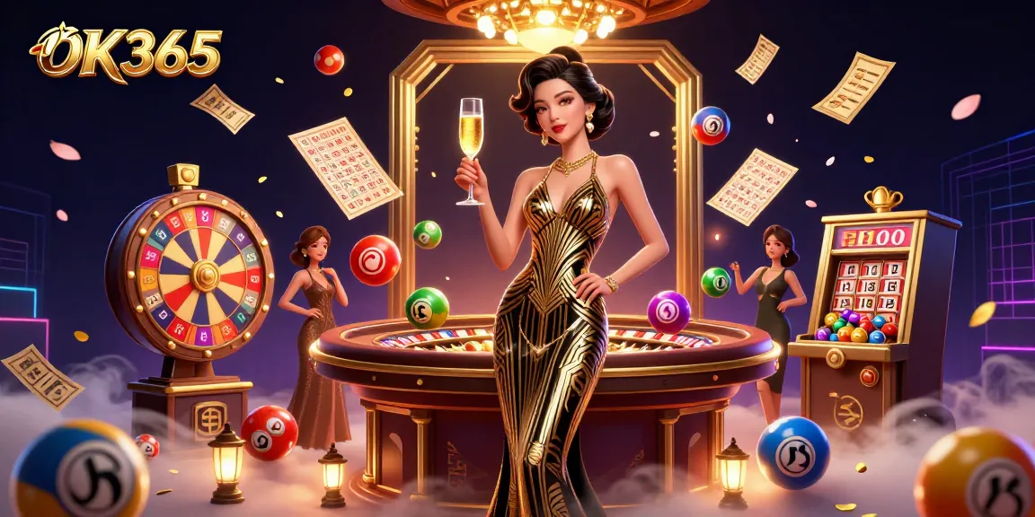 Experience the thrill of winning at OK365, where vibrant lottery balls and glamorous casino elements come alive in a dynamic scene.