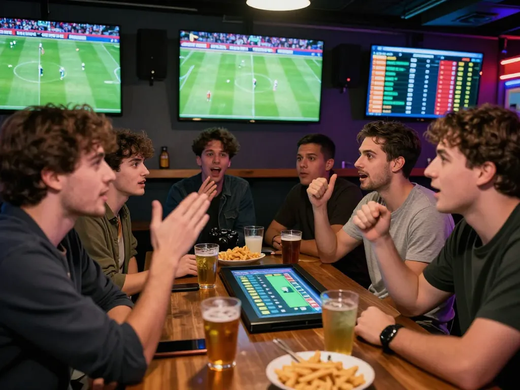 Group of friends engaging in Tỷ lệ cá cược discussions at a lively sports bar during a match.