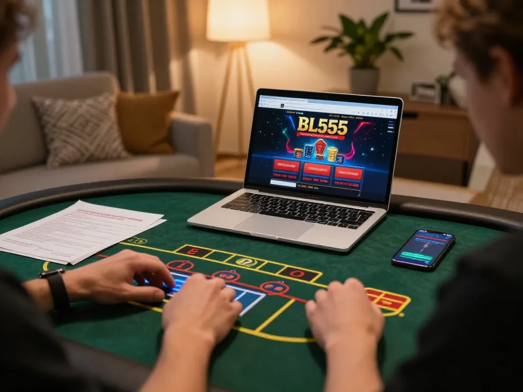 Engaged player enjoying an online casino experience on BL555, showcasing betting strategy in a comfortable home setting.