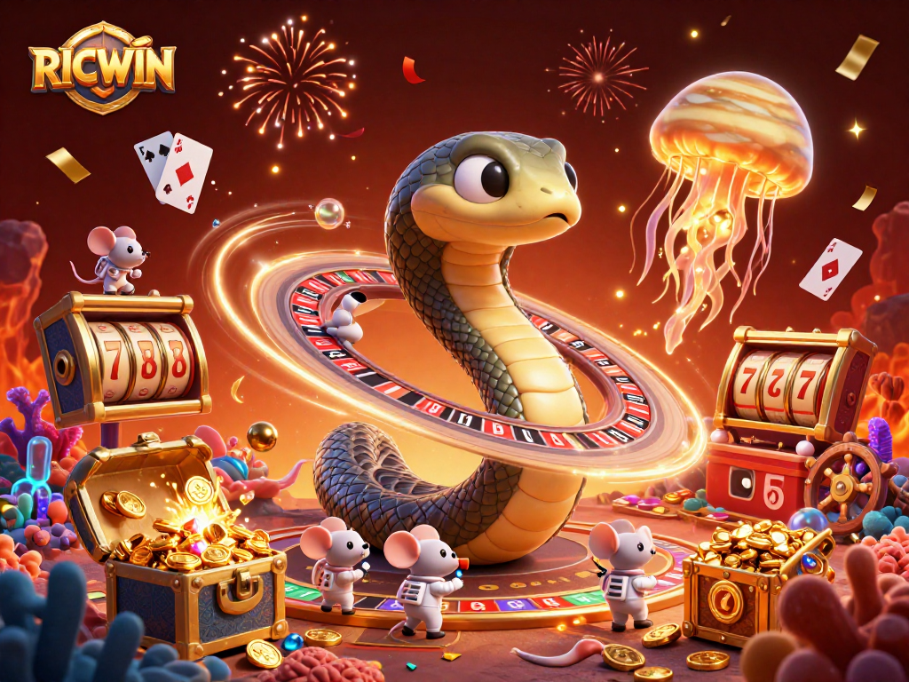 Win big with RICWIN in a cosmic casino scene featuring excitement and vibrant action.