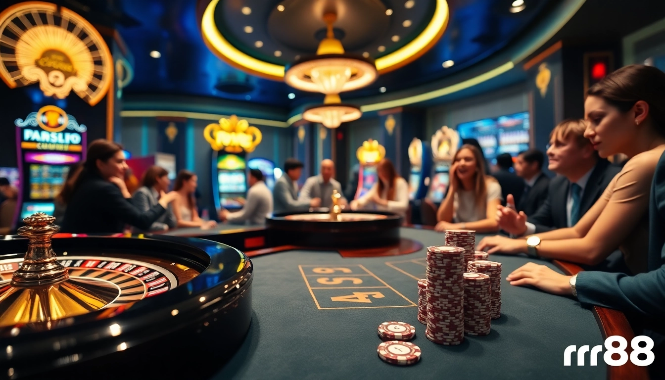 Players enjoying thrilling games at rr88 casino with vibrant slot machines and poker chips.