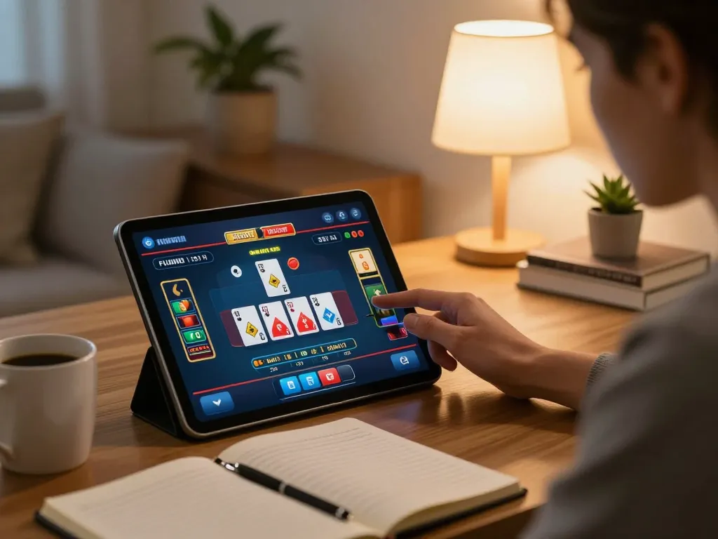 Engaging in online gambling with onbet app on tablet, showcasing responsible gaming atmosphere at home.