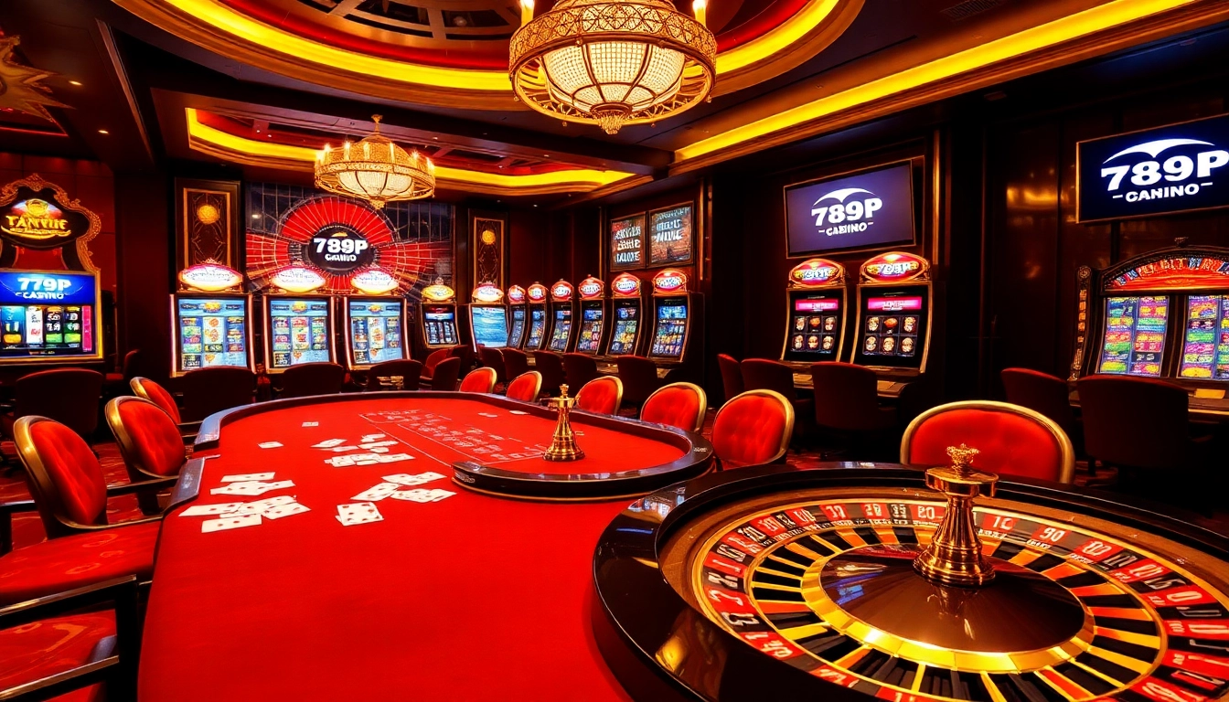 Exciting gaming action at 789P casino with vibrant slot machines and a roulette wheel.