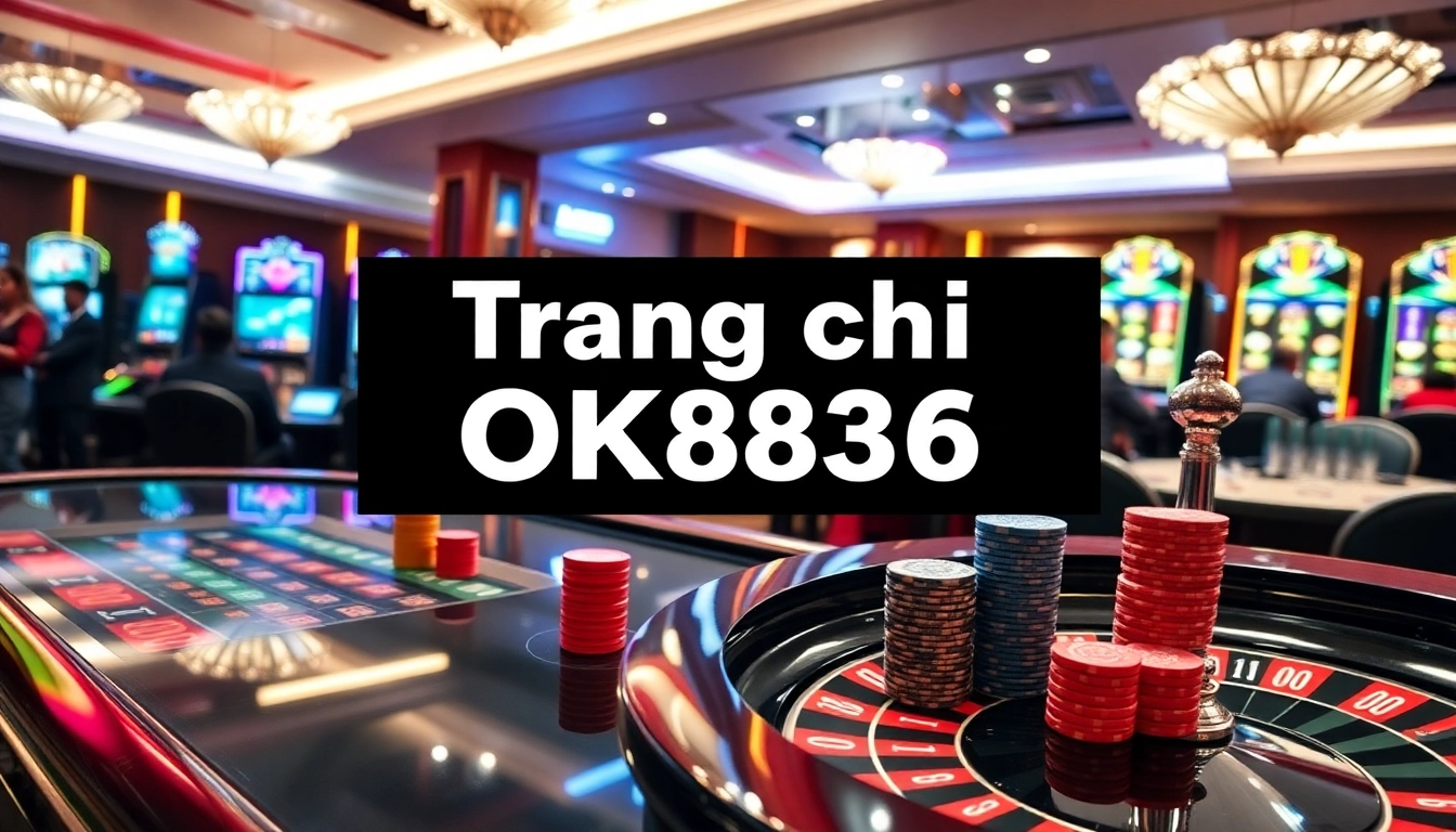 Exciting gambling scene showcasing Trang chủ OK8836 with poker chips and roulette wheel.