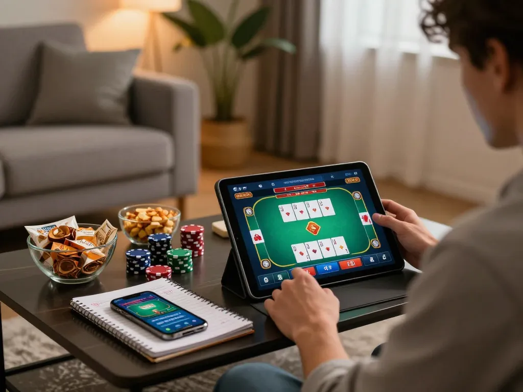 Player enjoying online casino gameplay at https://ck444s.net/ with poker interface visible on tablet, cozy home setting.