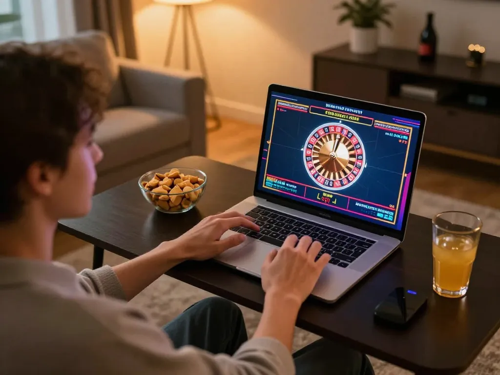 Engaging in online gaming at https://xx88.promo/ with vibrant roulette interface and cozy setup