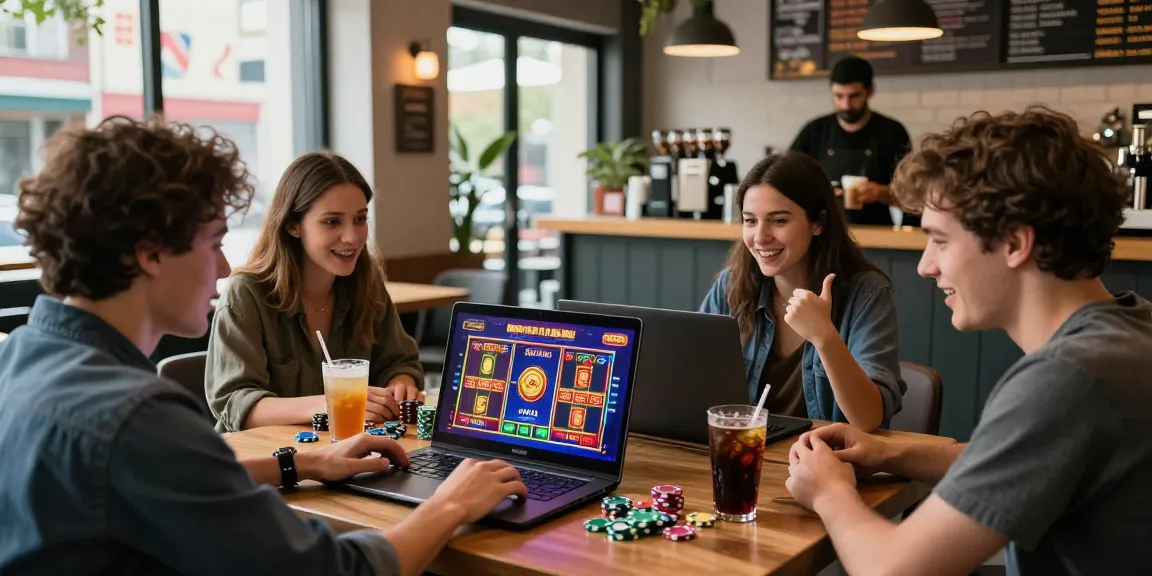 Friends enjoying gameplay at credit card casinos in a modern coffee shop, lively social atmosphere with colorful games displayed.