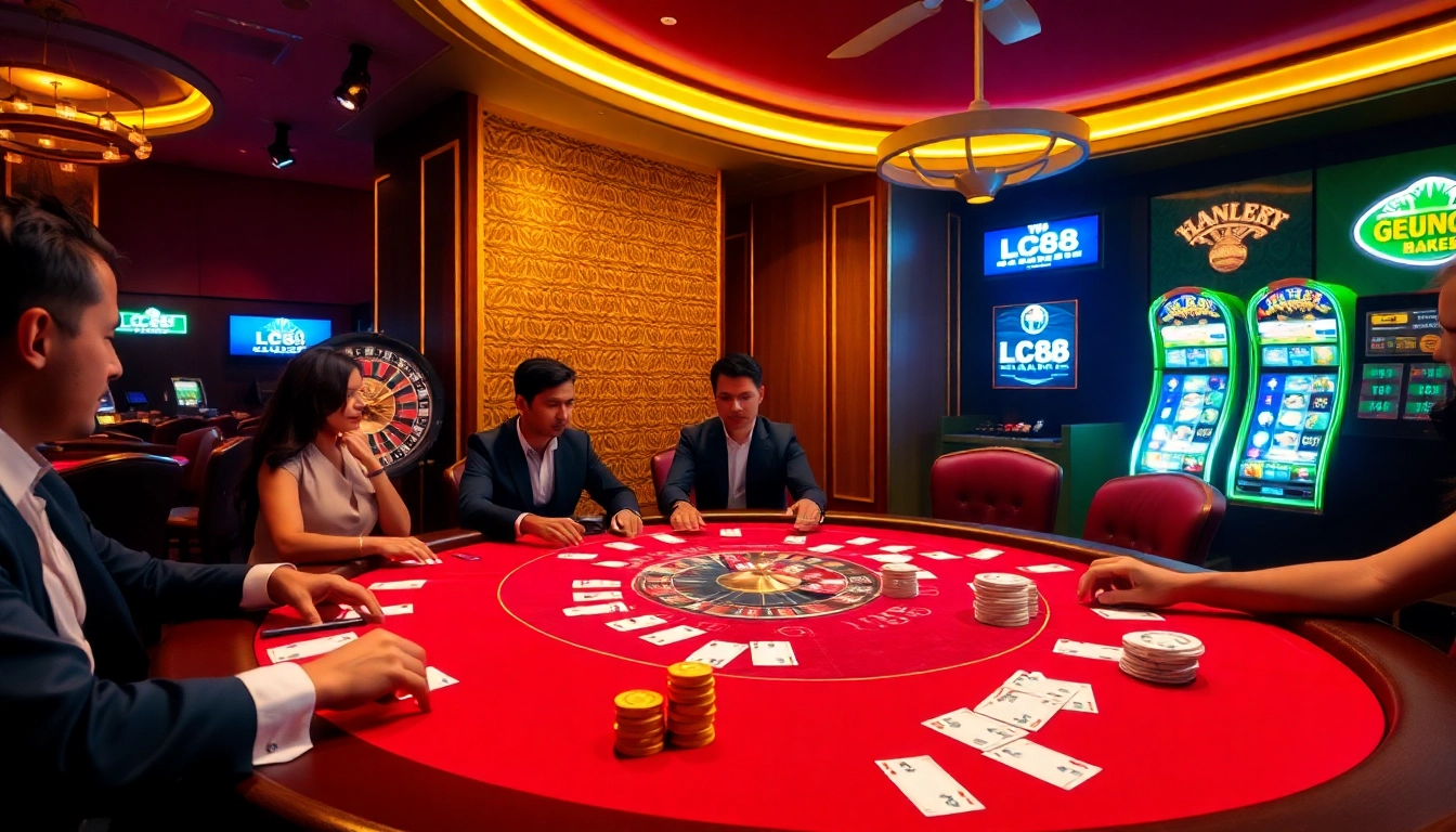 Engaging poker game at a luxury casino table for LC88 Marketing visuals.
