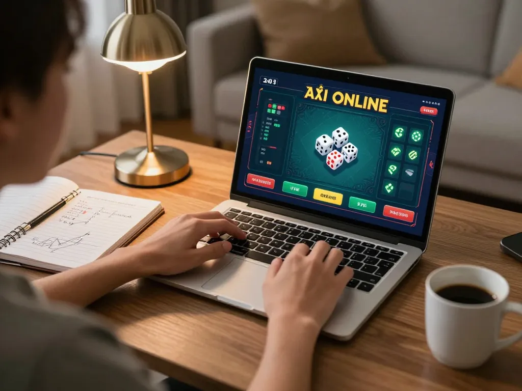 Tài xỉu online uy tín gameplay on laptop in stylish home office with strategy notes and warm lighting.