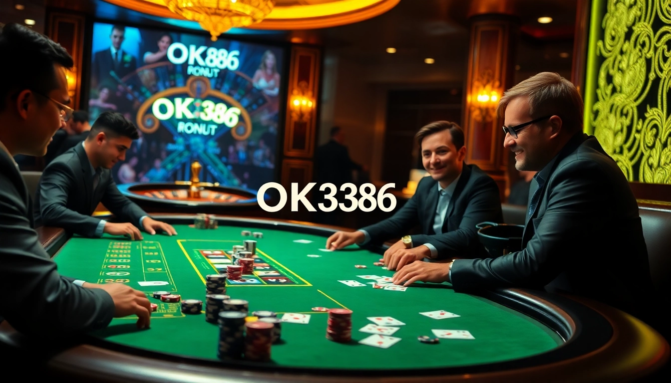High-stakes poker excitement at a casino table featuring OK8386 branding.
