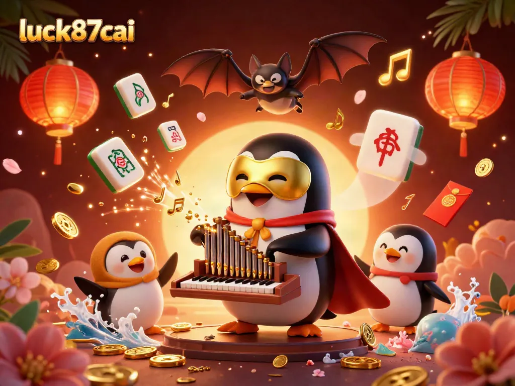 Engage in gameplay at luck87cai with a vibrant casino scene featuring a penguin and acrobat.