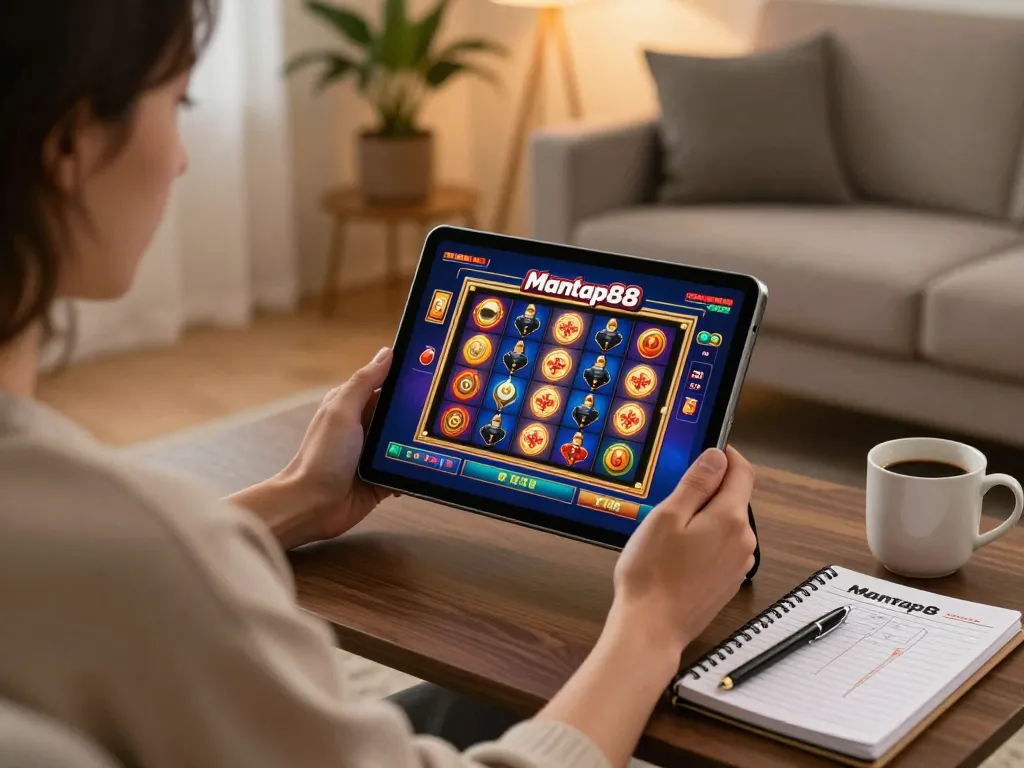 Mantap88 user engaging with online slots on a tablet in a cozy setting, showcasing vibrant gameplay.