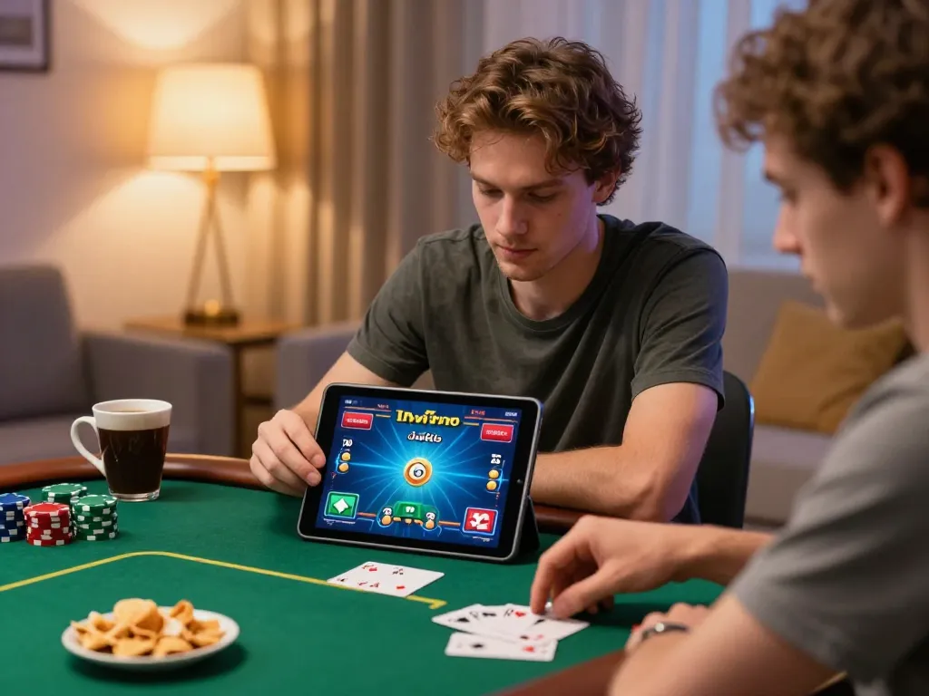Player enjoying a poker game on a tablet, showcasing sunwin's engaging online gaming experience.