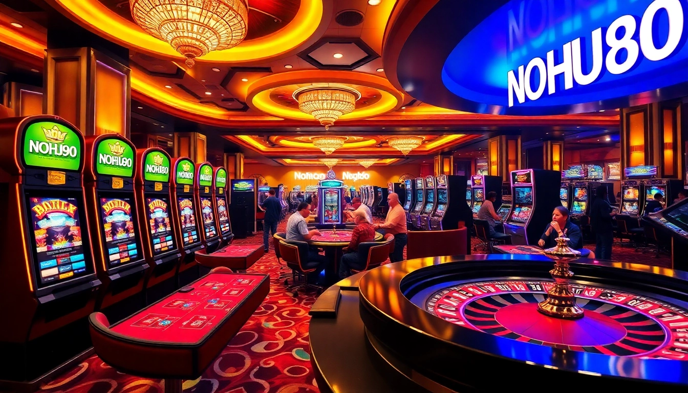 Players enjoy thrilling games at NOHU90's luxurious casino, showcasing excitement and jackpots.