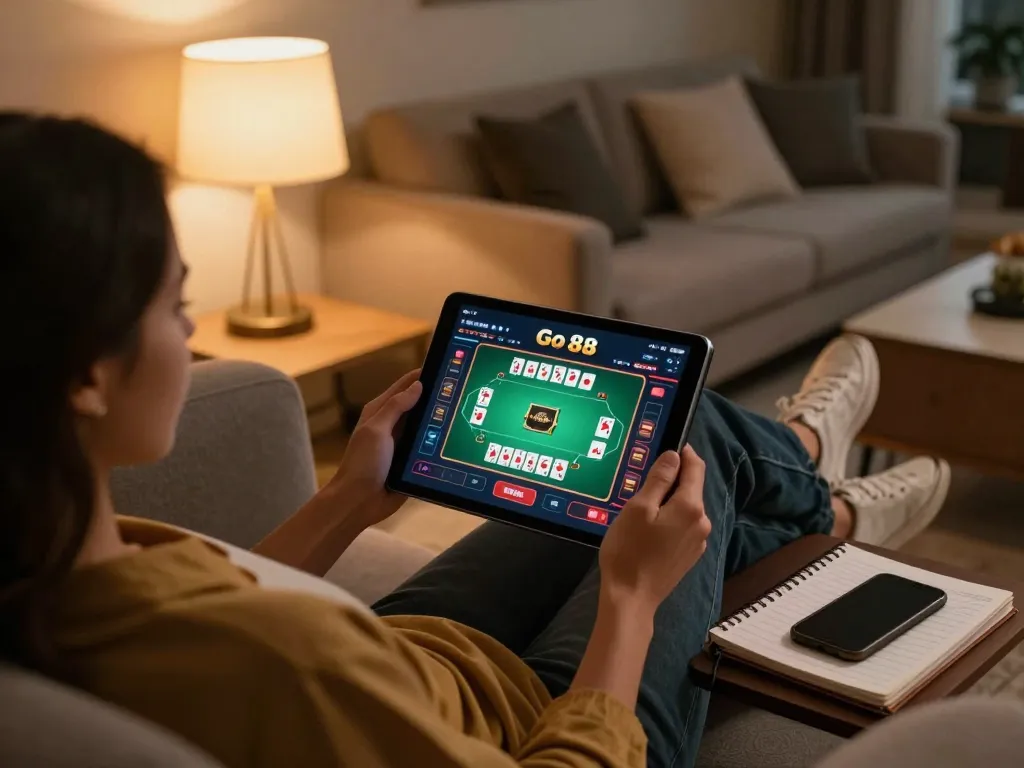Engaging with the Go 88 casino app on a tablet in a cozy living room environment.