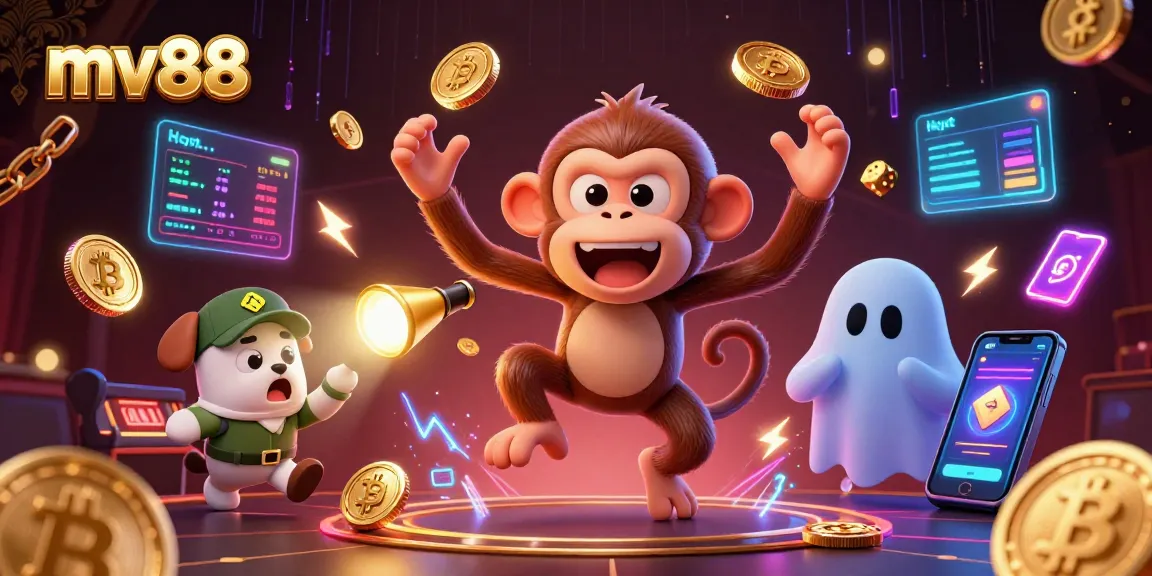 Engage with mv88 as a playful monkey juggles gold coins in a lively casino scene.