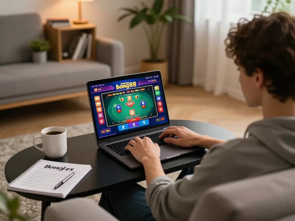 bong88 online casino gaming setup with player on laptop, showcasing poker and slot games