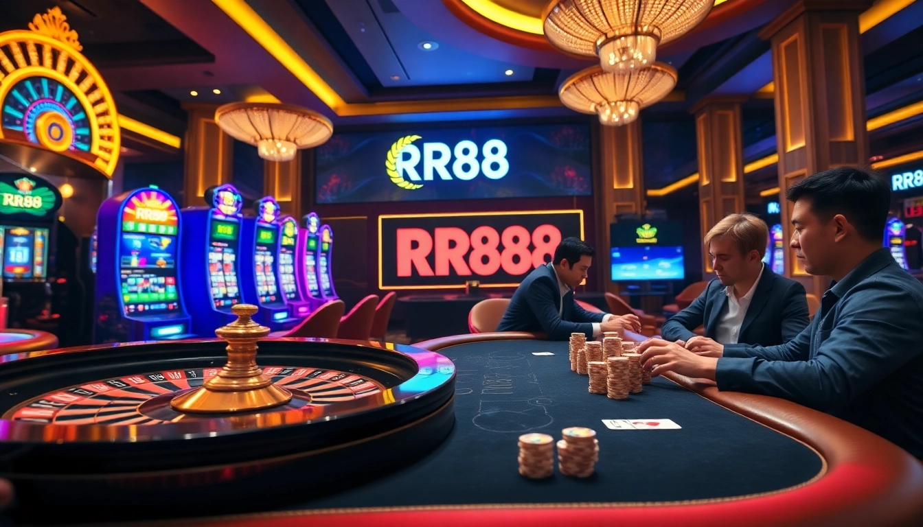 Players celebrating big wins at RR88 casino, with colorful slot machines and roulette wheels.