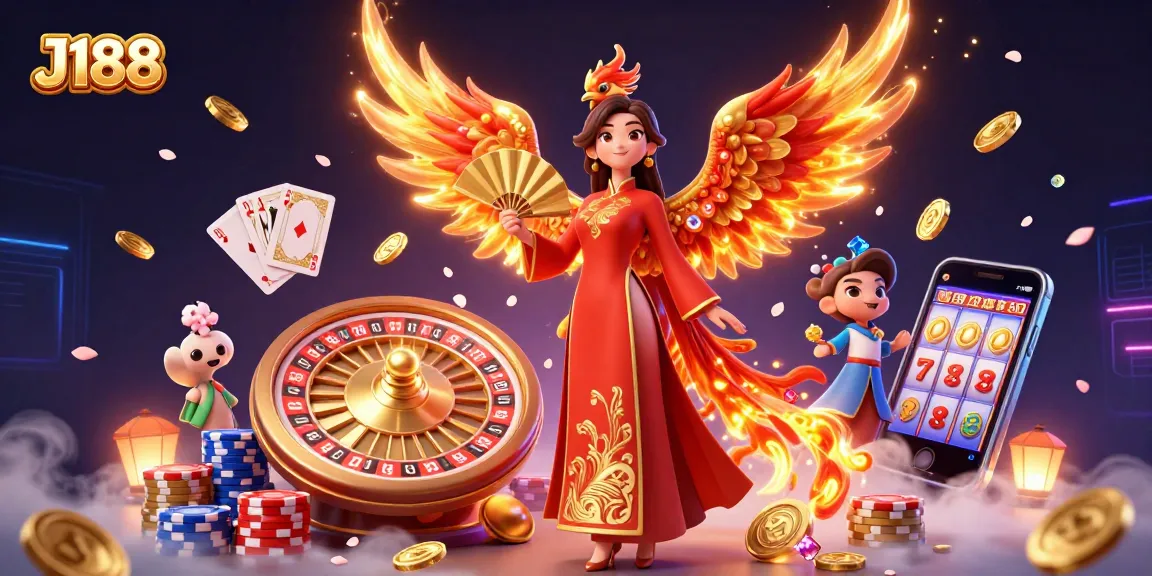 Engage with J188's thrilling atmosphere, featuring dynamic casino elements and a stunning character scene.