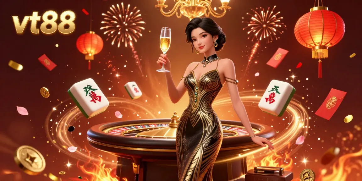 Experience ultimate winnings at vt88 with a glamorous Asian woman celebrating at a vintage casino.