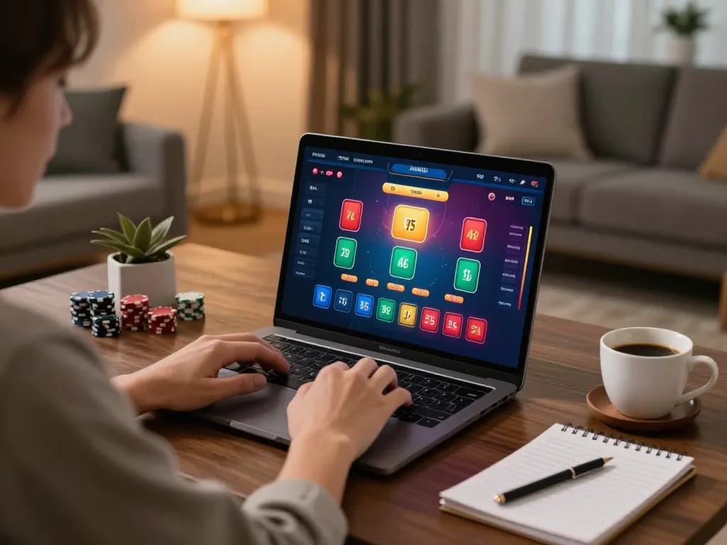 Engaging poker gameplay at home with vua99 on the laptop, cozy atmosphere and strategic notes.