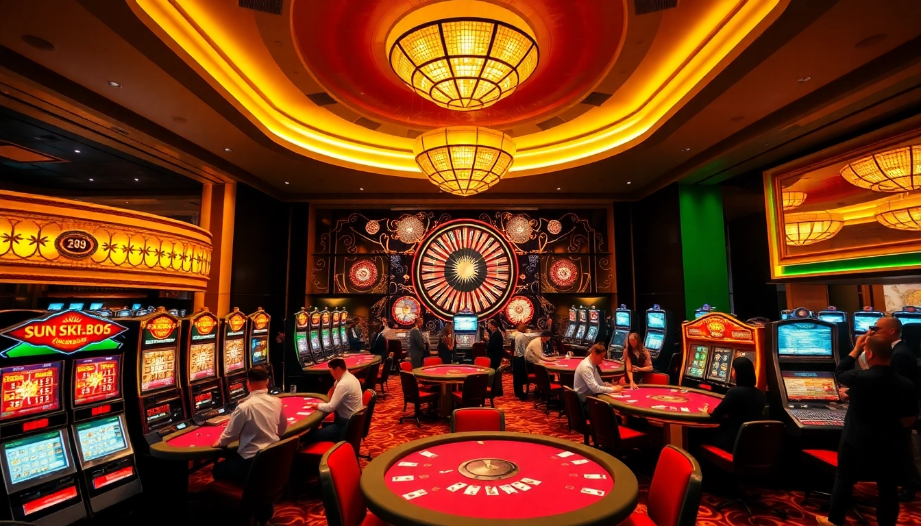 Exciting gaming action at Sun88 casino with vibrant tables and slot machines.