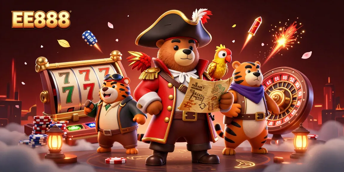 Spin to win with EE888's vibrant casino scene featuring a pirate bear and playful elements.