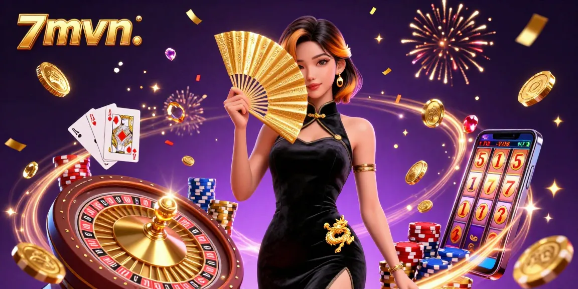 Engage with the captivating 7mvn casino scene featuring a stunning Asian woman, golden coins, and vibrant gaming elements.