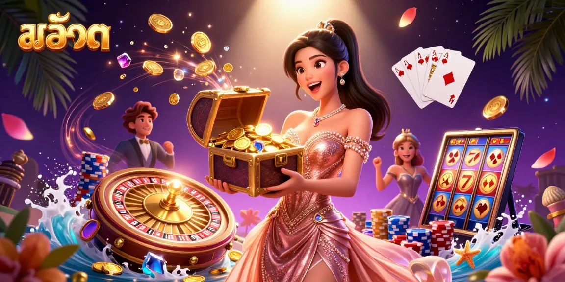 Spin the สล็อต reels alongside a joyful woman presenting a treasure chest filled with gold and gems.
