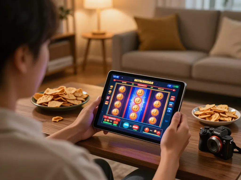 O8 player enjoying a thrilling slot game experience on a tablet in a cozy home setting