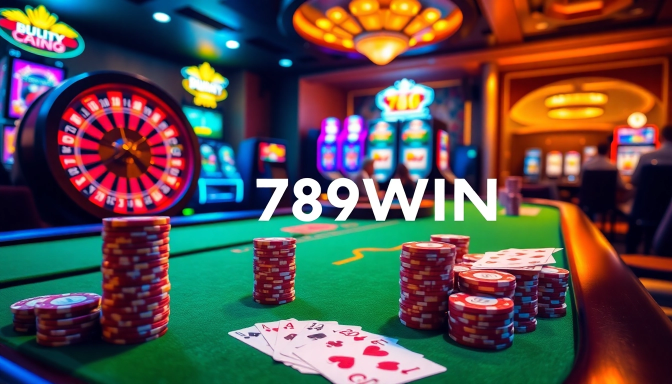 Capture the excitement of 789WIN with vibrant poker chips and cards on an upscale casino table.
