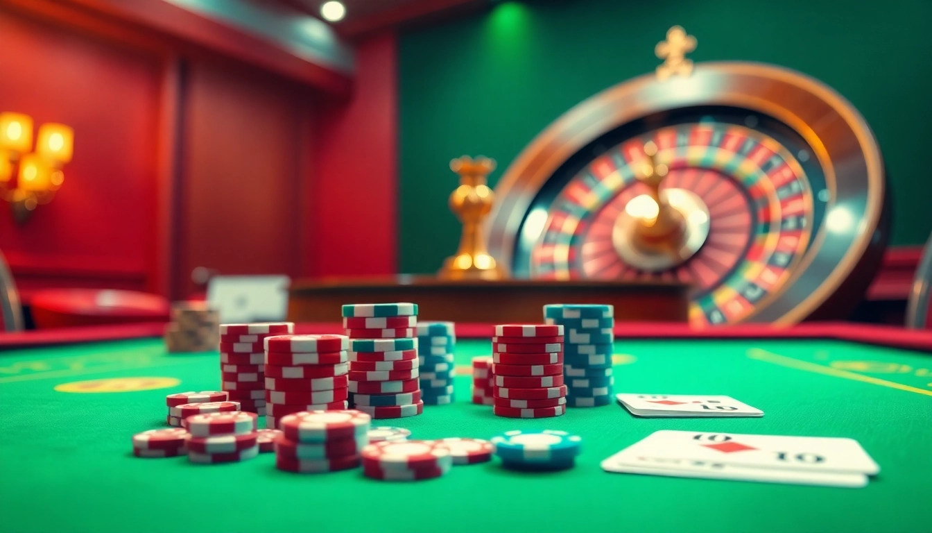 Experience vibrant online gambling excitement at https://vu88.art/ with colorful casino tables and poker chips.