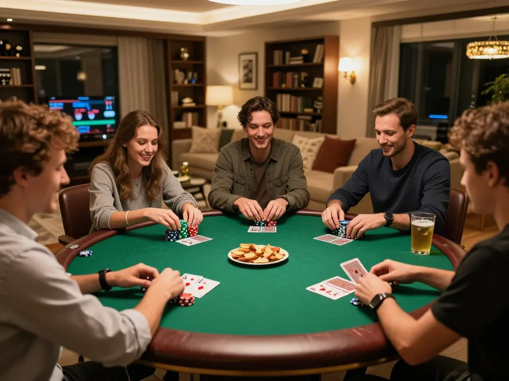 dash88 poker night scene with friends engaging around a premium green felt table, showcasing camaraderie and strategy.