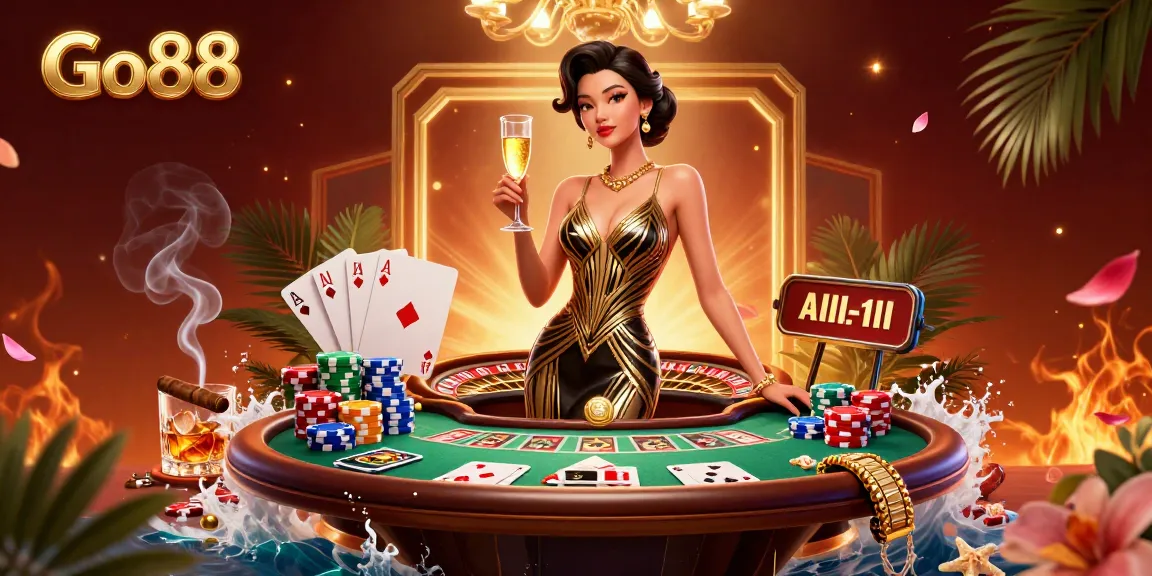 Engage in Go88's vibrant casino experience with an elegant scene of high-stakes poker and luxury.