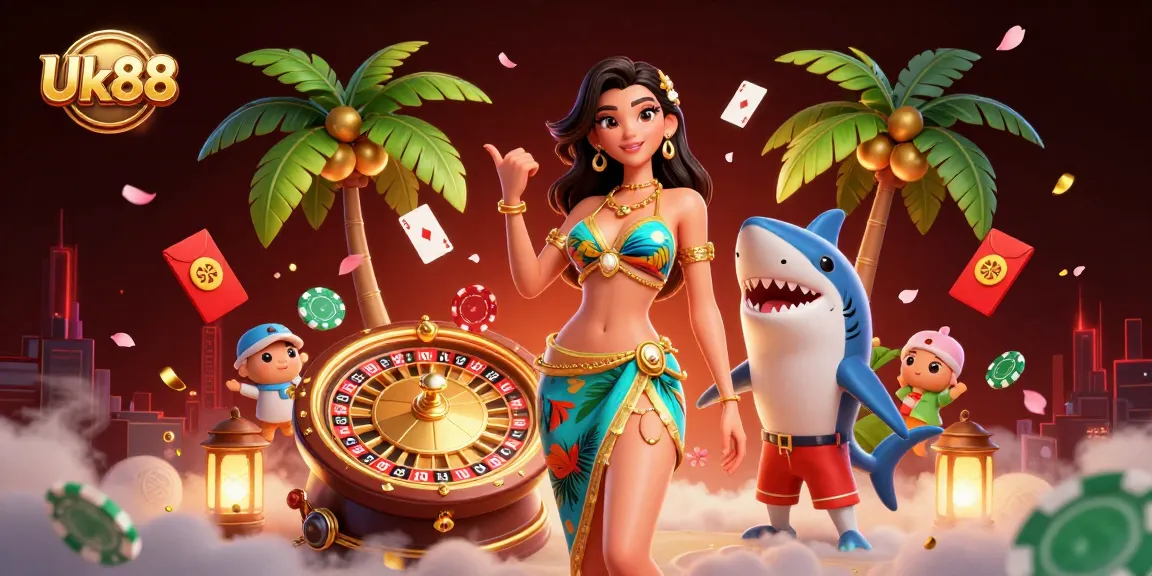 Engage with UK88's vibrant casino scene featuring poker elements and exciting characters.