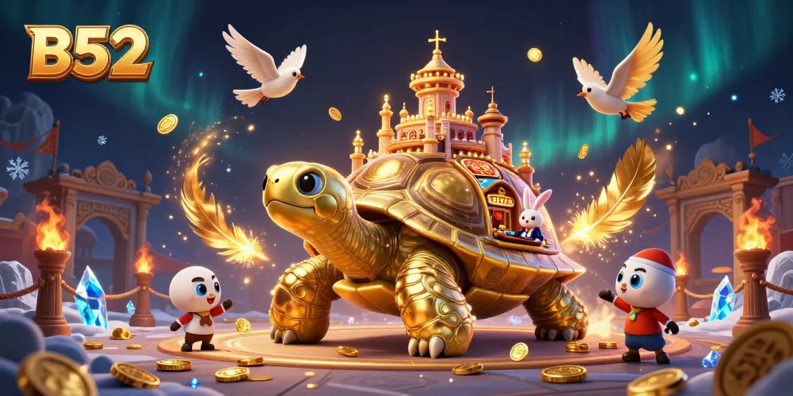 Experience B52 casino gaming with a golden tortoise, rabbit dealer, and flying coins in a vibrant illustration.