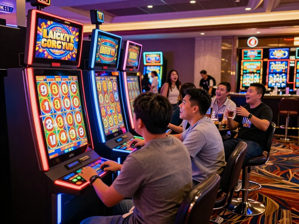 Players engaging with the Lucky 88 slot machine in a lively casino environment, capturing excitement and vibrancy.