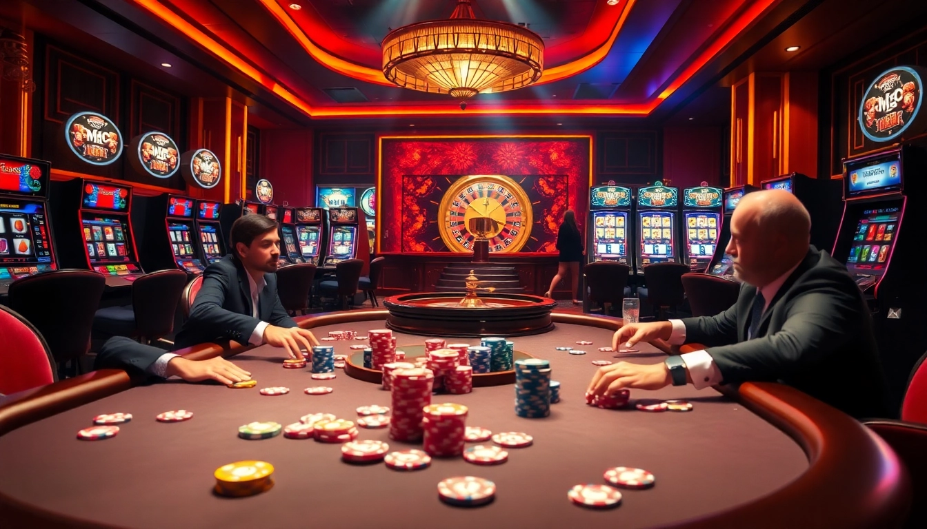 Experience the thrill of gaming at HM88 casino tables featuring vibrant poker chips and roulette wheels.