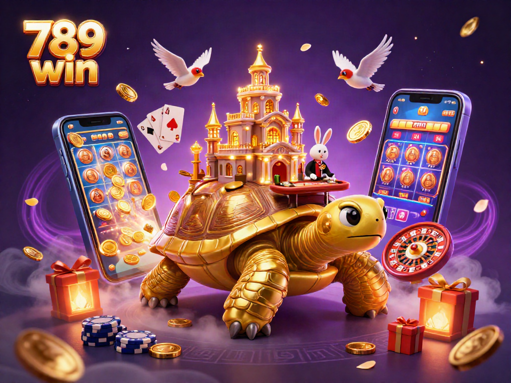 Join the excitement of 789 win with a golden tortoise casino and a rabbit dealer amidst golden coins.