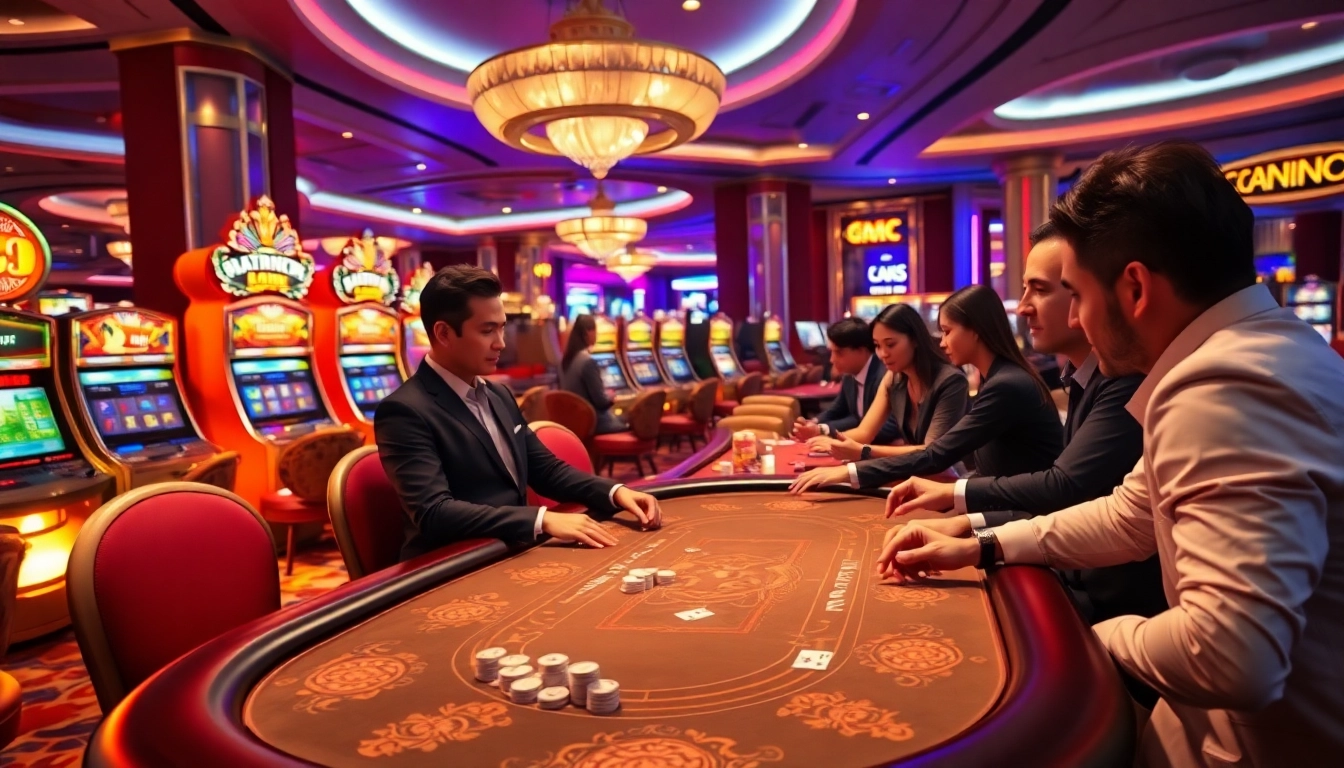 Engaging casino scene featuring dh88 high-stakes poker players strategizing at luxurious tables.
