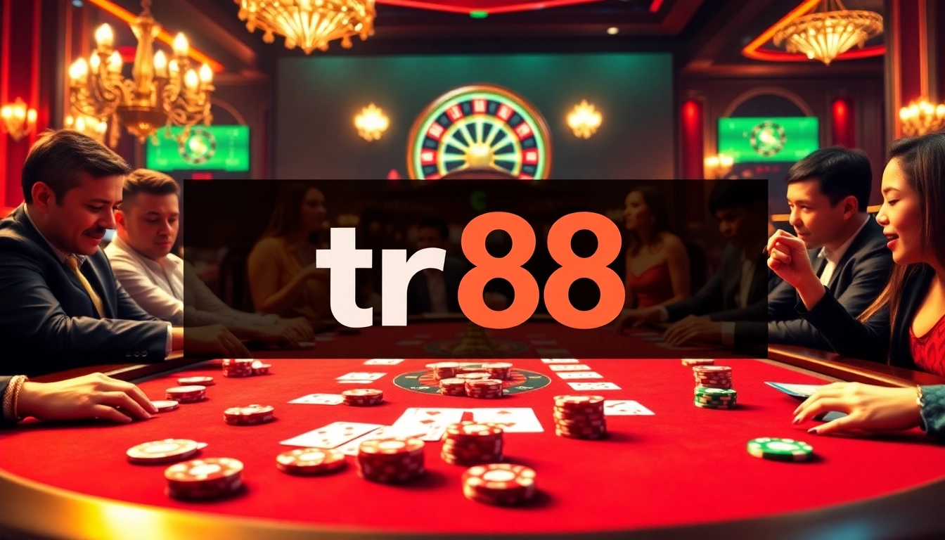 Experience the thrilling excitement of tr88 at a luxurious casino poker table with vibrant chips and cards.